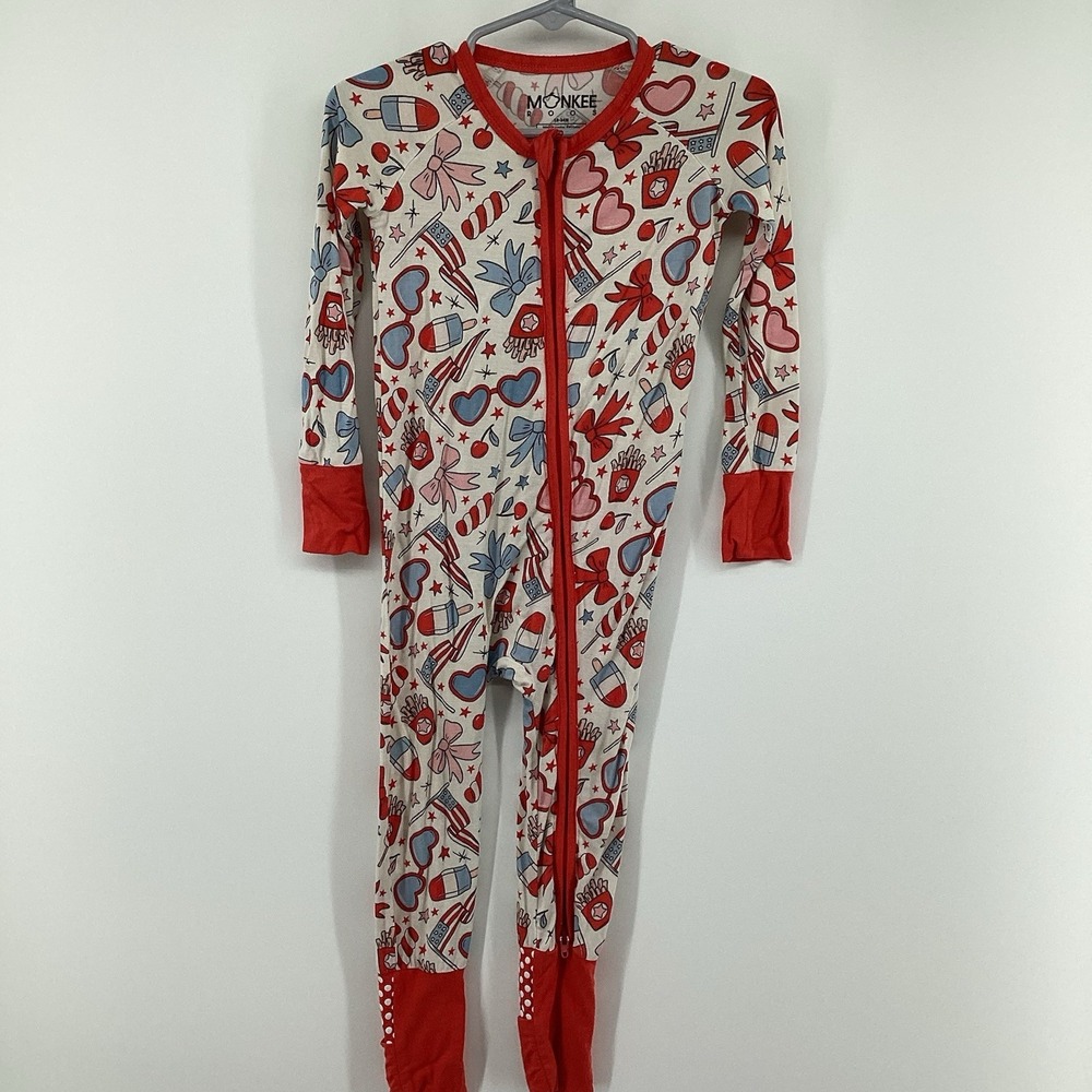 Monkee Roos Patriotic USA Bows Print Bamboo Pajamas Size 18-24Months